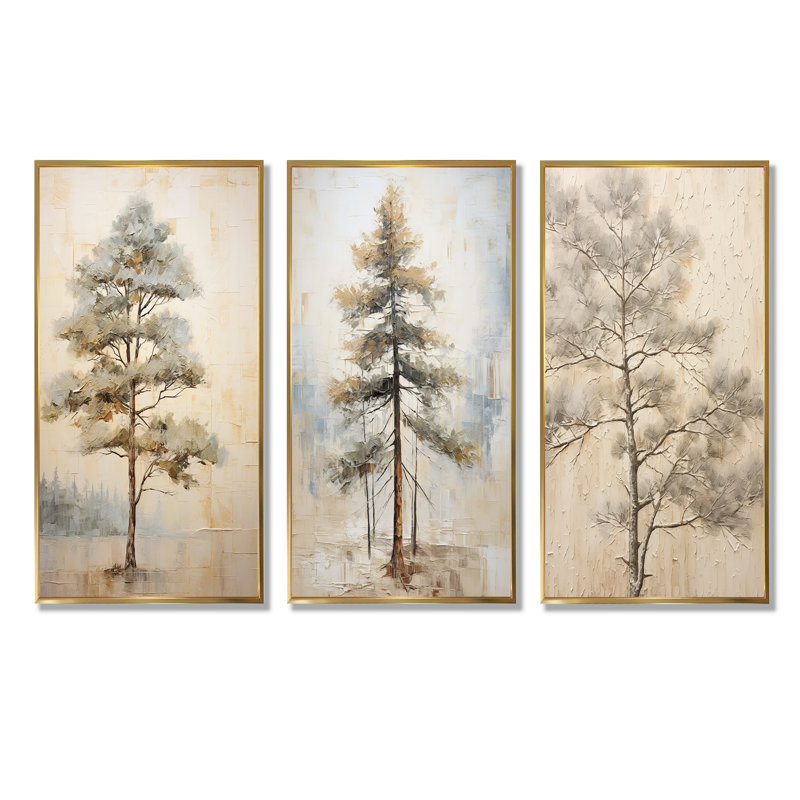 «Beige Tree Pine», ensemble de 3 reproductions d'art sur toile, Cadre flottant doré, H 28 po x l 36 po
