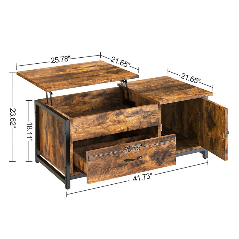 Rustic Brown Lift-Top Coffee Table with Storage Drawer and Cabinet