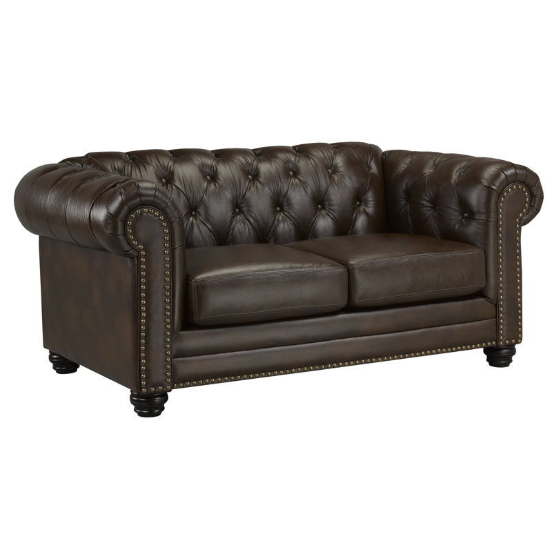 Ornellas 70" Leather Rolled Arm Chesterfield Loveseat, Brown Leather Match