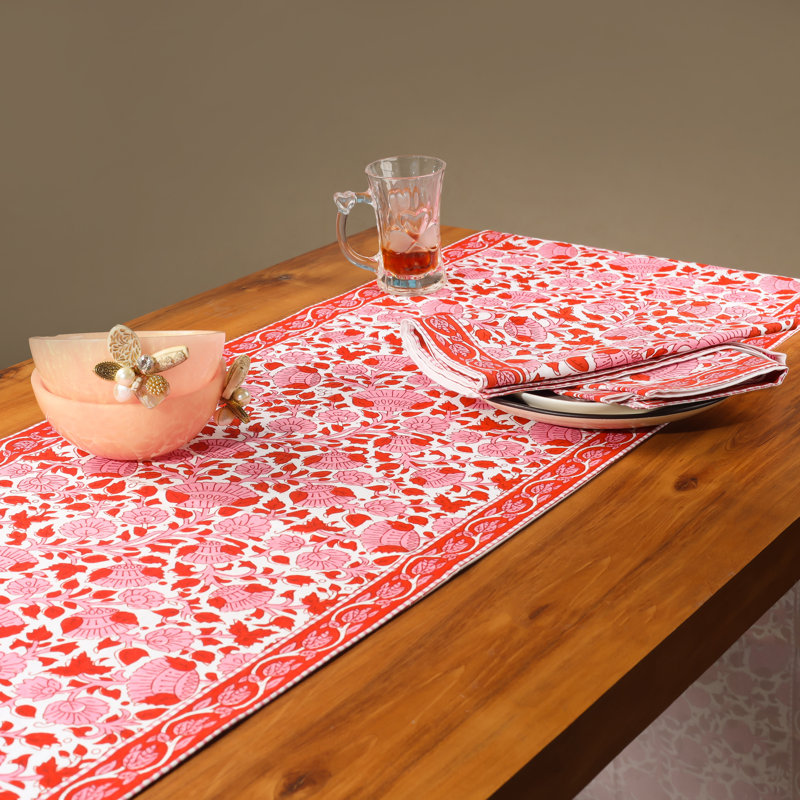 Crimson Infusion Block Print Cotton Table Runner, Red/Pink