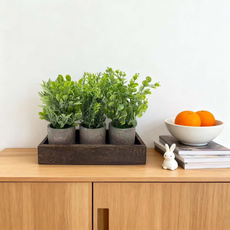 Ensemble de 3 pièces en eucalyptus artificiel et romarin, centre de table rustique en faux artificiel avec tambour à pulpe et plateau en bois pour la cuisine, la table basse et le bureau
