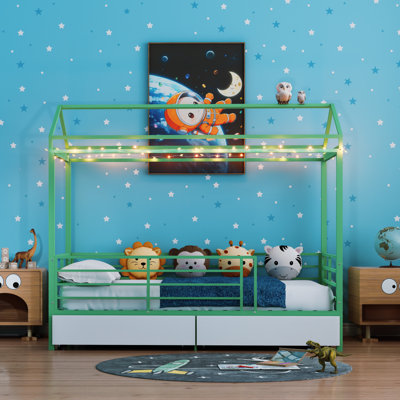 Lit maison pour enfants, lit de plancher pour garçons, cadre de lit avec toit, aucun sommier nécessaire vert