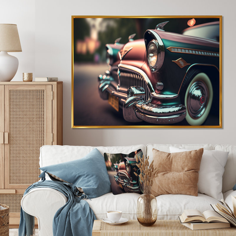 «Vintage Retro Car pendant Golden Hour III», reproduction sur toile, H 16 po x l 32 po x P 1 po, Cadre flottant doré