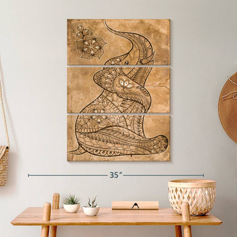 «Elephant Boho Vintage Elephant on Canvas», reproduction de 3 pièces, H 32 po x l 20 po x P 1 po