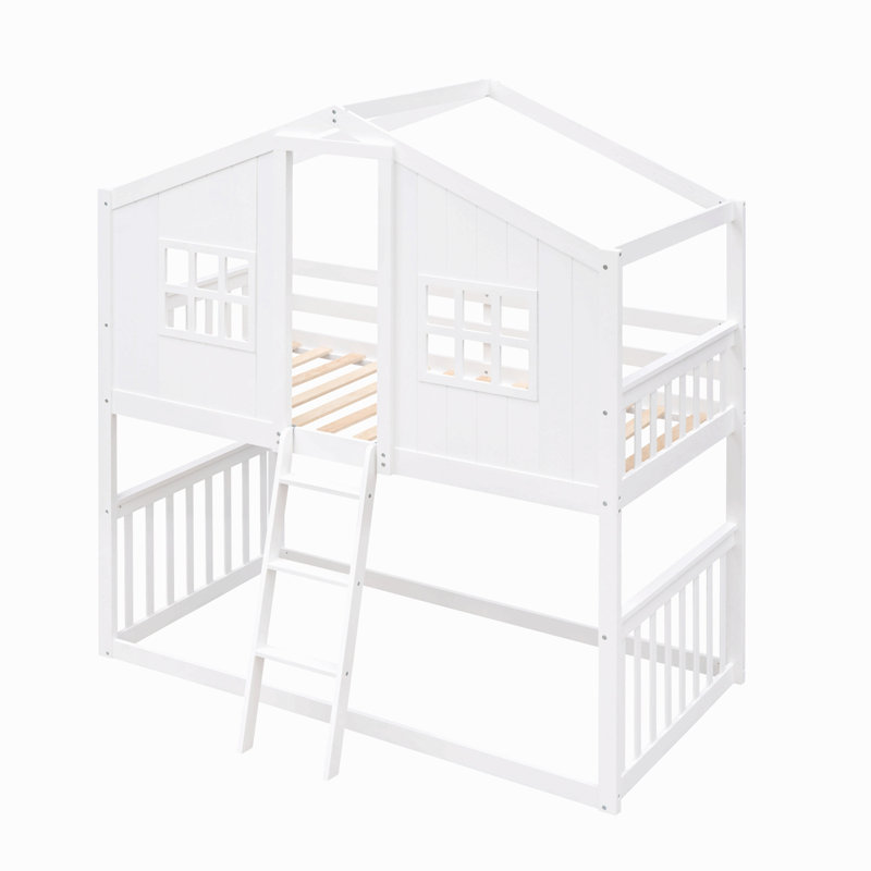 Lit superposé simple au dessus d'un lit simple avec échelle, lit en bois, Blanc