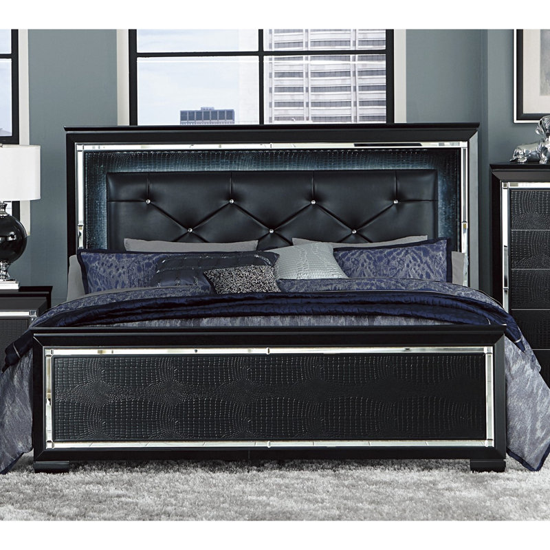 Lit King Noir Glamour, panneau capitonné effet alligator avec tête de lit à éclairage DEL, mobilier de chambre haut de gamme (1 pièce)