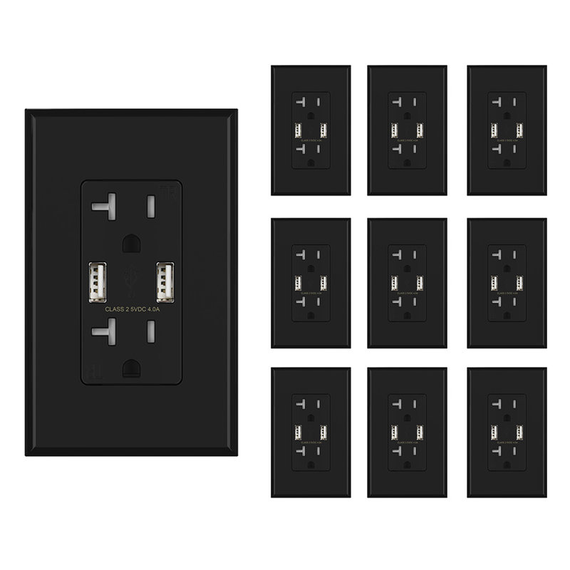 Prise USB, inviolable, plaque murale incluse, Noir