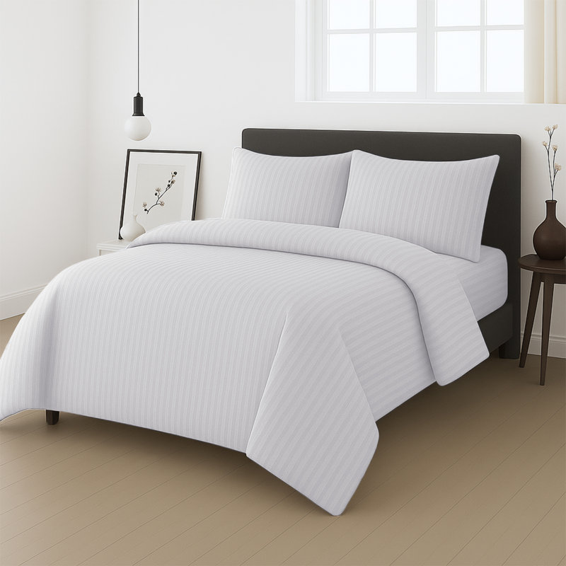 Microfiber Stripe Duvet Complete Set With Striped Pillows & Fitted Sheet, White, Single Duvet +1 Fitted Sheet +1 Pillowcase