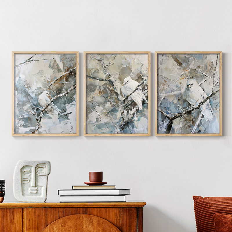 Aviary Study  Series  XIII  -Set Of 3 Framed Giclee Prints -Ready to Hang, Natural Framed, 14" H x 11" W