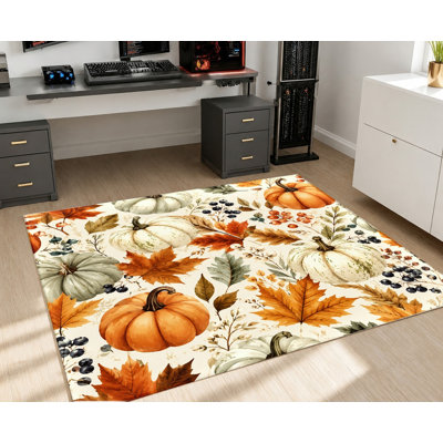 Tapis feuille d'érable moisson Harvest, motif de citrouilles et de feuilles d'automne à thème aquarelle, surface en velours, tapis antidérapant, décoration intérieure artistique pour le salon, la chambre à coucher, la cuisine, l'entrée