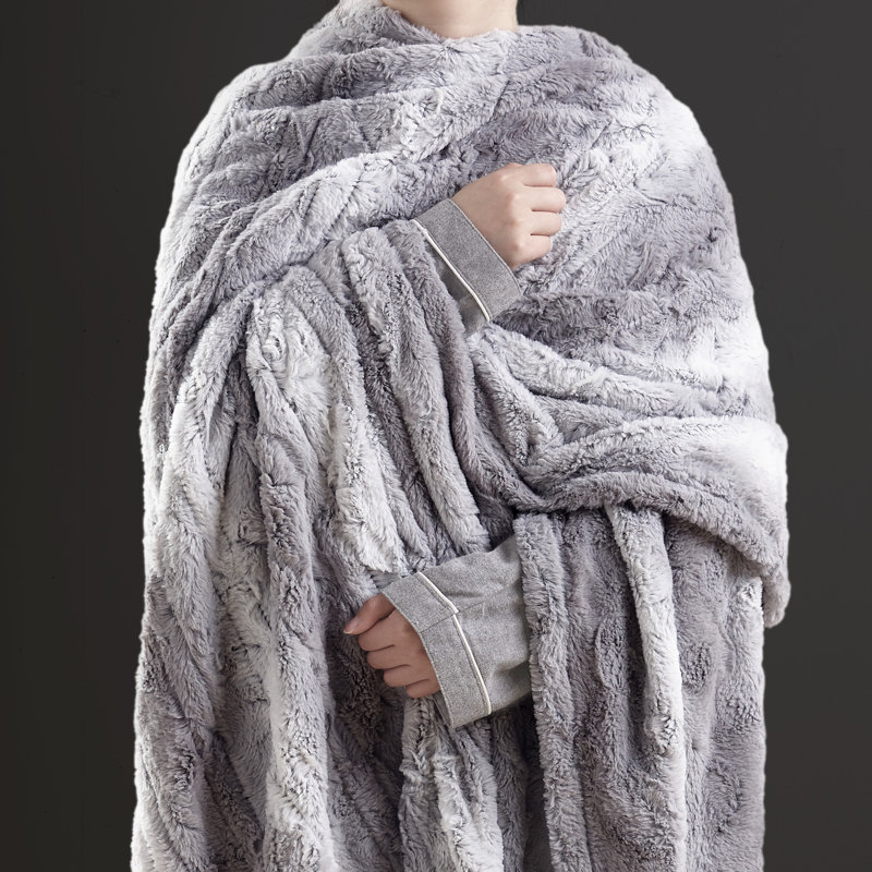 Gray Faux Fur Reversible Heated Electric Throw Blanket