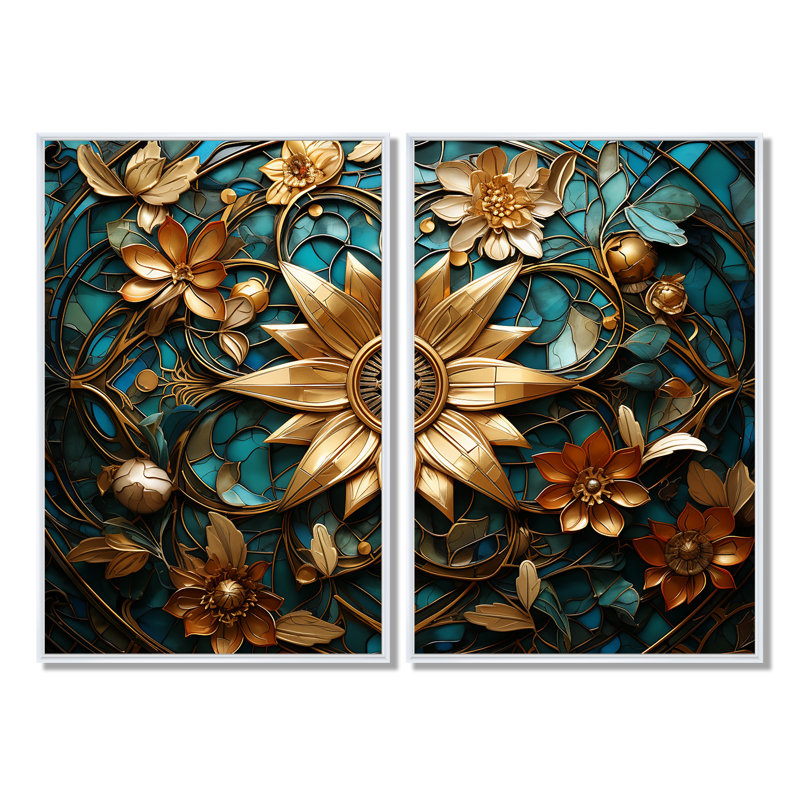 Décoration murale rétro dorée et sarcelle 3D - décoration murale dorée, H 36 po x l 48 po, Cadre flottant, Blanc