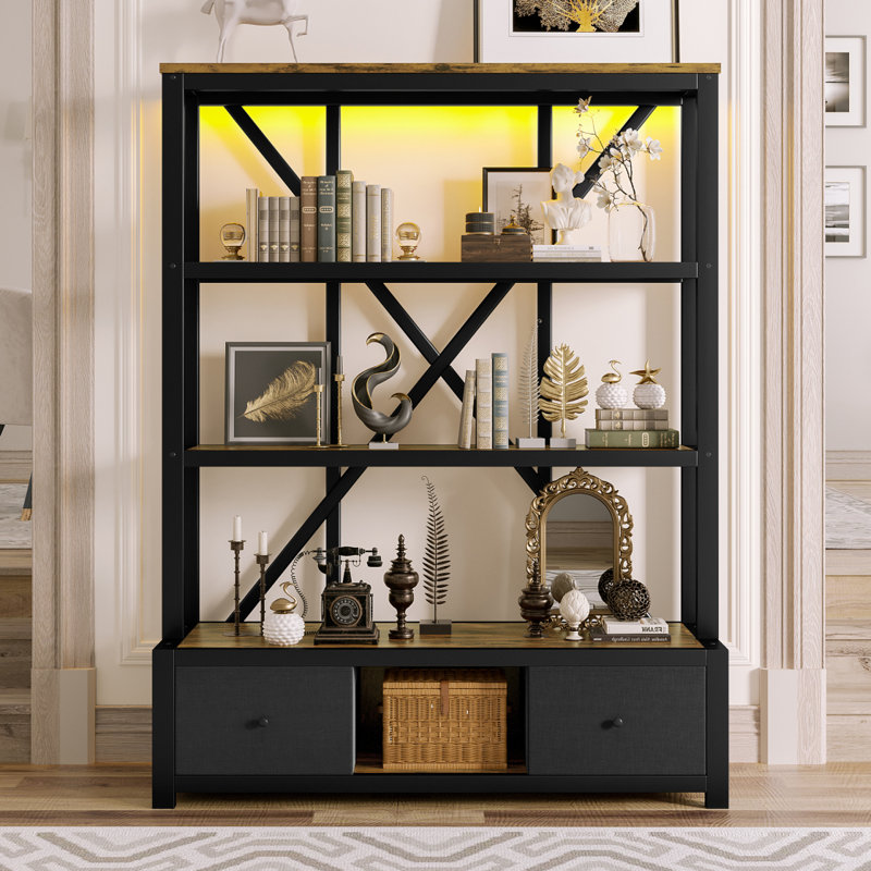 3-shelf Metal Open Bookcase With 2 Drawers And Led, Vintage