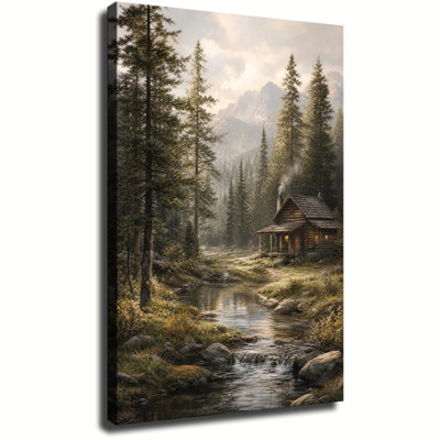 Print Canvas Wall Art, Rustic Log Cabin By Creek Pine Forest Snow Mountain Soft Sunrise Nature Scenery Farmhouse Bedroom Wall Decor