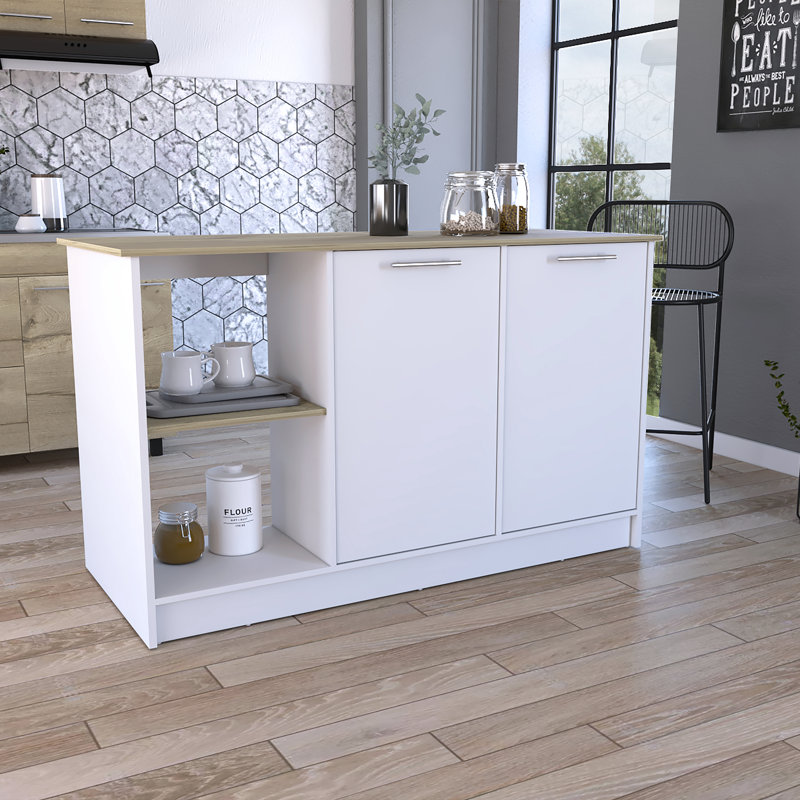 59" Long Kitchen Island with Open and Closed Storage Kitchen Cabinet with Interior Shelves, Modern Kitchen Prep Table, Dining Table, Bar Table for Kitchen and Dining Room