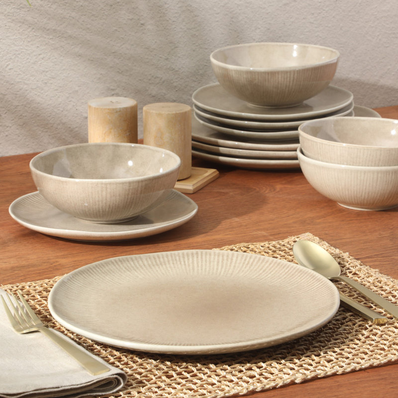 Ensemble d'assiettes et de bols en grès Giby Elite Sandy Pines - Ensemble de vaisselle pour glacis réactif 12 pièces - Service pour 4 personnes - Va au lave-vaisselle et au micro-ondes - Taupe crème