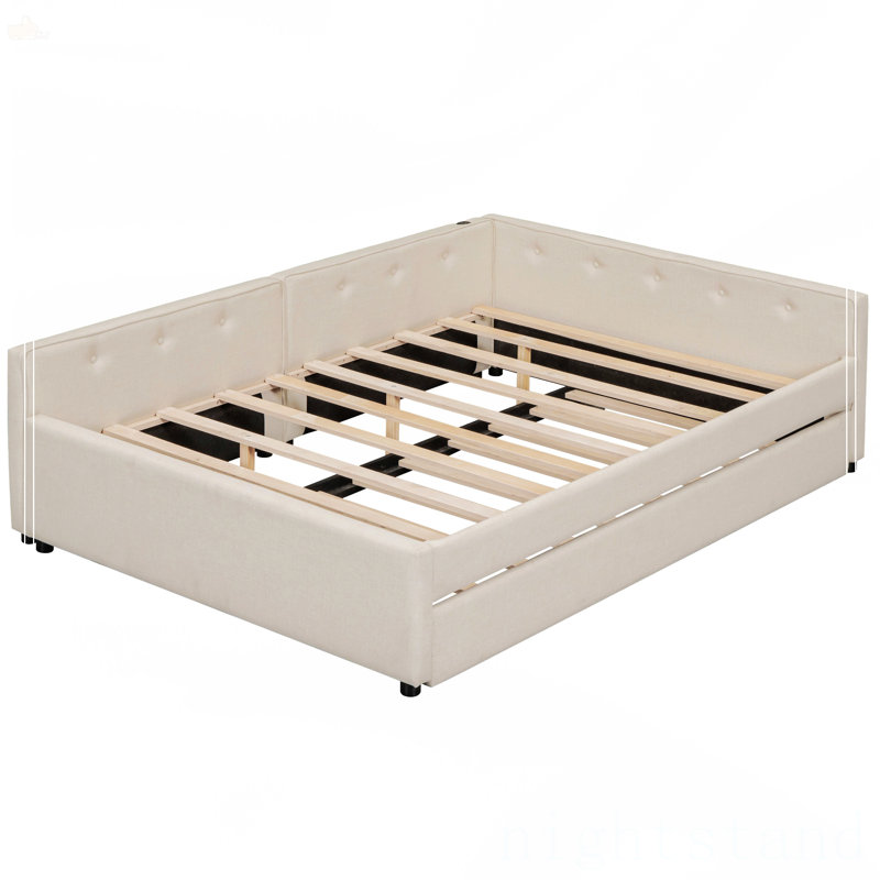 Grand lit plateforme tapissier avec port USB et lit gigogne, Grand lit