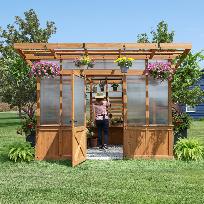 Backyard Discovery Poppy 11' x 7' Cedar Wood and Polycarbonate Walk-In Outdoor Greenhouse Kit with PowerPort