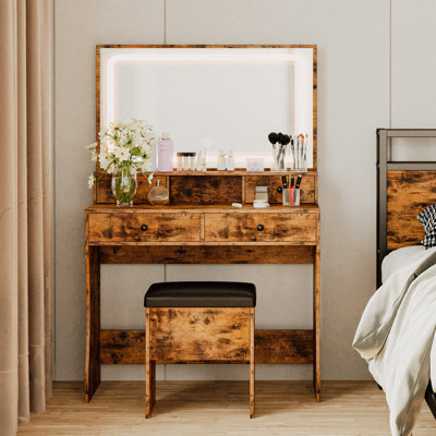 Baelyn Makeup Vanity  with  LED Lighted Mirror,  Modern 4 Drawers Vanities Desk with Stool