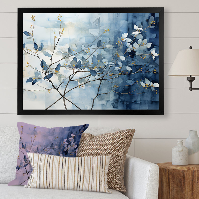 Art mural bleu et gris sur une branche I - Feuilles, Cadre simple noir, H 24 po x l 32 po x P 1 po
