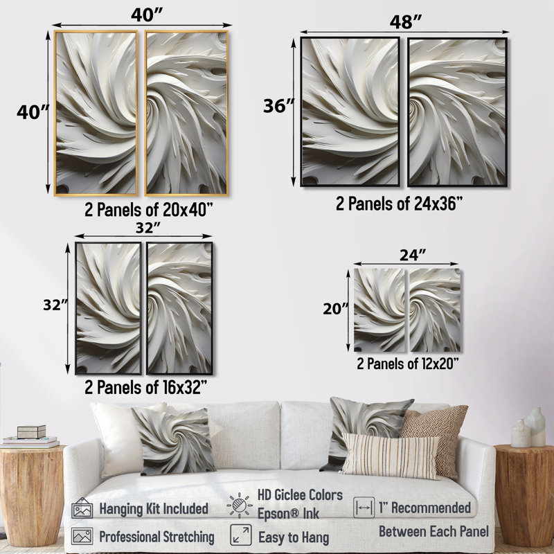 White Majestic Motion I - Décoration murale moderne blanche 2 panneaux, H 20 po x l 24 po, Toile tendue, Ne s’applique pas