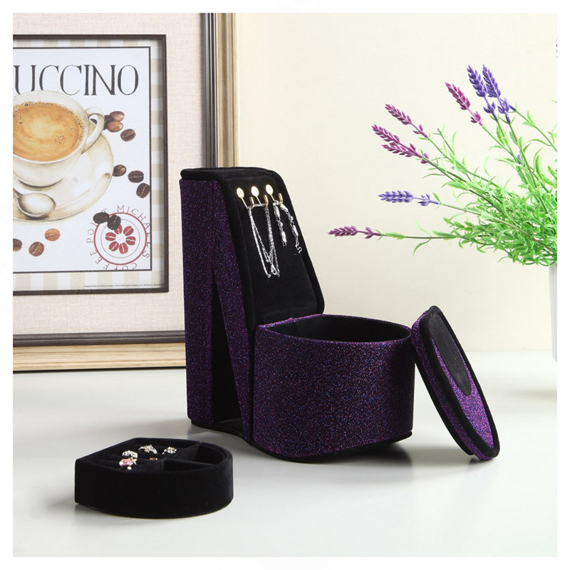 Boîte à bijoux haute 9 po avec crochets, chaussures à talons hauts, velours mauve, Purple