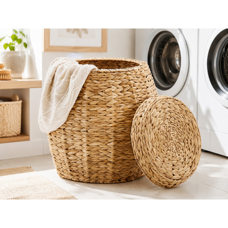 Panier à linge rond en osier avec couvercle, panier à linge tissé à la main, H 19,3 po x l 17,7 po, Naturel, Jacinthe d'eau