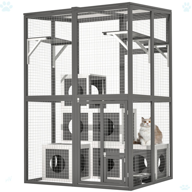 Grand parc pour chat en bois massif avec 2 plateformes de saut et 7 maisons pour faire la sieste