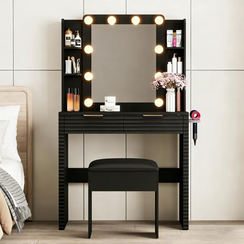 Makeup Vanity Desk with 10 Hollywood Bulbs, Fluted Dressing Table with Charging Station, 2 Drawers and 4 Open Shelves