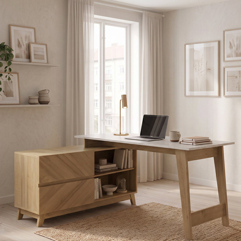 CARRARA L-Shaped Faux Marble Particle Board / Chipboard Credenza Desk, White/Natural