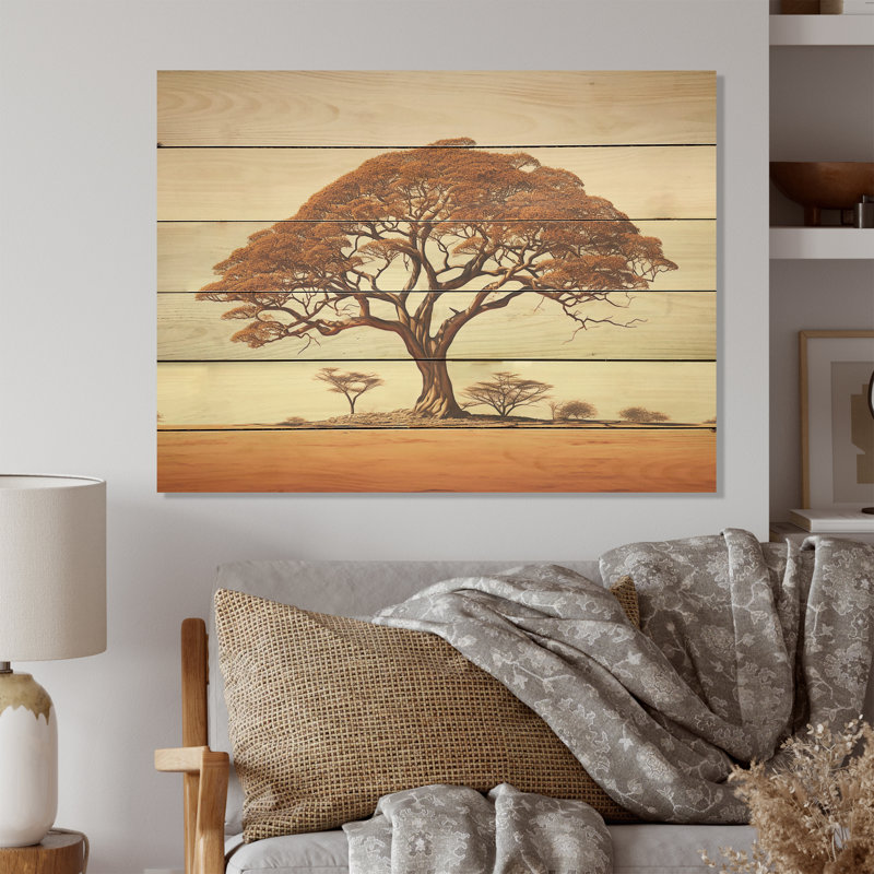African Tree Arbor - Tree African Wood Art On Natural Pine Wood, 24" H x 32" W