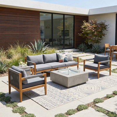 Ensemble de canapé modulaire d'extérieur en bois d'acacia massif 3 pièces, ensemble de causeuse en corde tissée avec coussins amovibles résistants à l'eau pour la cour, la terrasse et la piscine