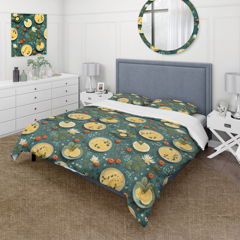 Ensemble de housse de couette botanique vert et jaune, Housse de couette simple + 1 taie décorative stan