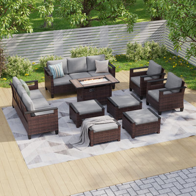 9 Piece Patio Sofa with Rectangle Fire Pit Table and Ottomans