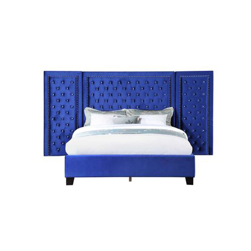 Très grand lit plateforme Frances, Velours bleu, Très grand