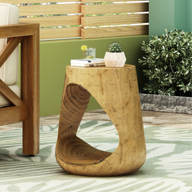 Table d'appoint creuse avec texture semblable au bois et ton naturel, forme ronde unique pour différents espaces, 14,5 x 16,42 pouces, prête à servir vos exigences teintées d'apparence, structure distinctive