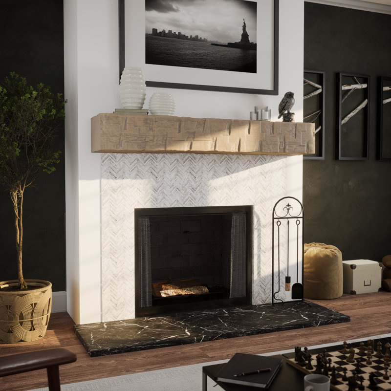 Reclaimed Axed Cut Heritage Timber Faux Wood Fireplace Mantel, 5.5" H x 78" W x 7.5" D, Sandstone
