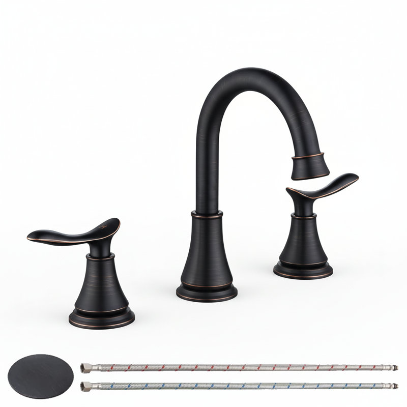 Oil Rubbed Bronze High Arc Widespread Bathroom Faucet With Pop-Up Drain Assembly & Supply Hoses, Oil Rubbed Bronze