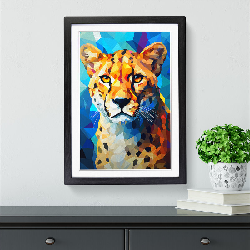 Cheetah Cubism No.2 - Single Picture Frame Print on Wood, Black, 34cm H x 25cm W x 2cm D