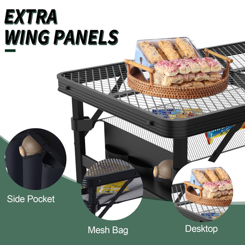 Folding Table, 2X1.3 FT Camping Table With Mesh Desktop,Folding Grill Table With Mesh Bag,Portable Outdoor Table For Picnic,Camping,BBQ,Beach(Black)