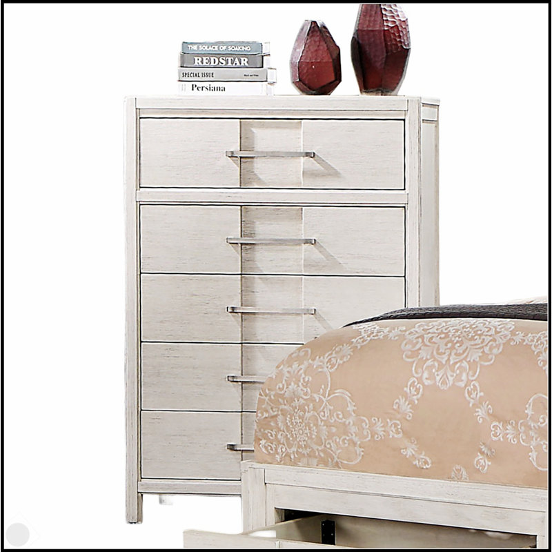 Commode 1 pièce de style transitionnel avec cinq tiroirs, joints en queue d'aronde anglaise, conception simple, poignées courbées et finition blanche