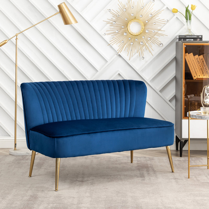 Delmon Velvet Loveseat with Gold Chrome Legs, Blue Velvet