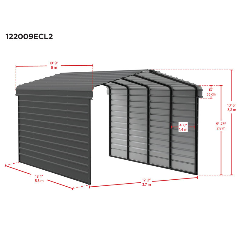 Abri d'auto en acier avec 2 ensembles de parois latérales, 12 x 20 x 9, Blanc, H 10 pi 6 po x l 12 pi 2 po x P 19 pi 9 po