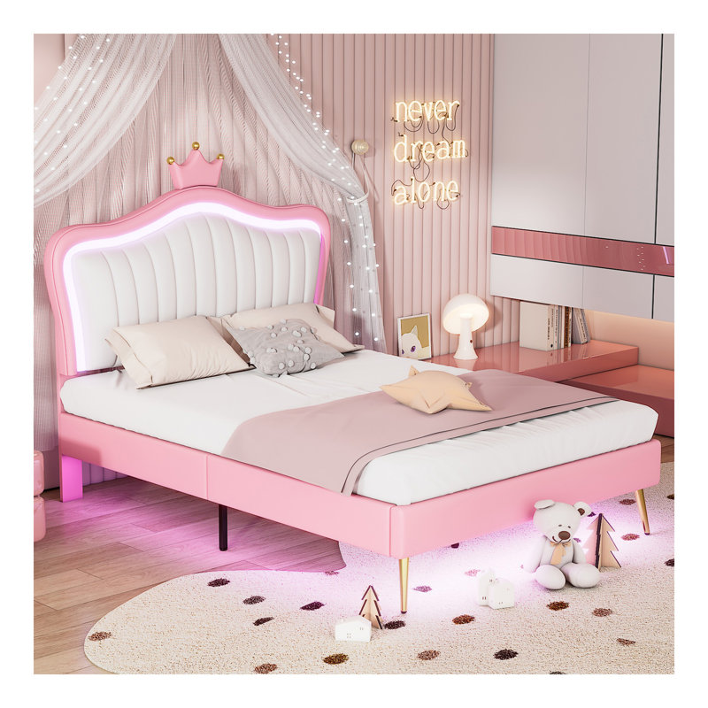 Full Size Upholstered Bed Frame With LED Lights,Modern Upholstered Princess Bed With Crown Headboard,White+Pink, White/Pink