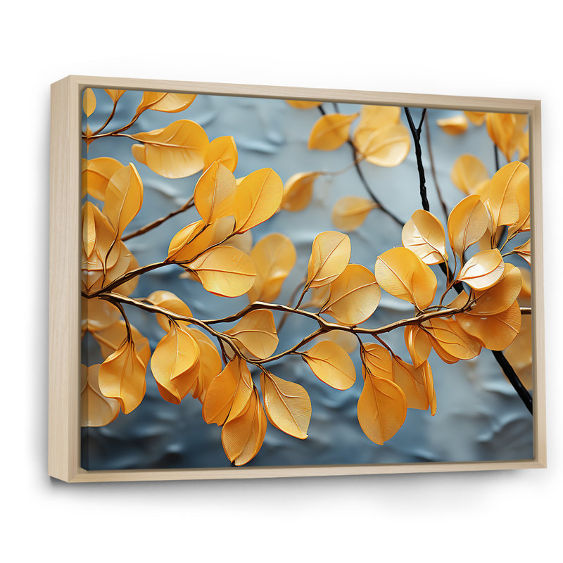 «Golden Foliage Leaves I» sur toile, Cadre naturel flottant, H 34 po x l 44 po x P 1,5 po