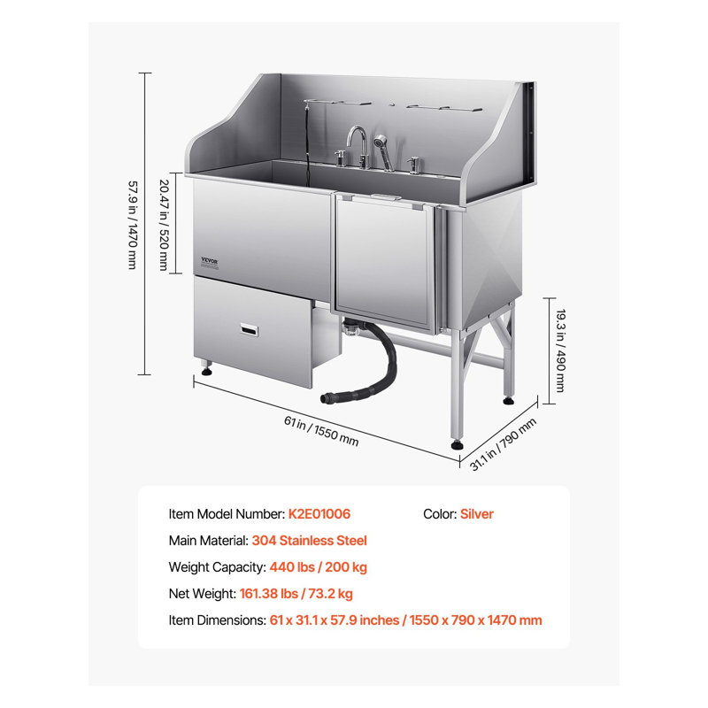 Baignoire de toilettage pour chien en acier inoxydable de 61 po avec rampe pliable, robinet d'eau chaude et froide et armoire de rangement VEVOR