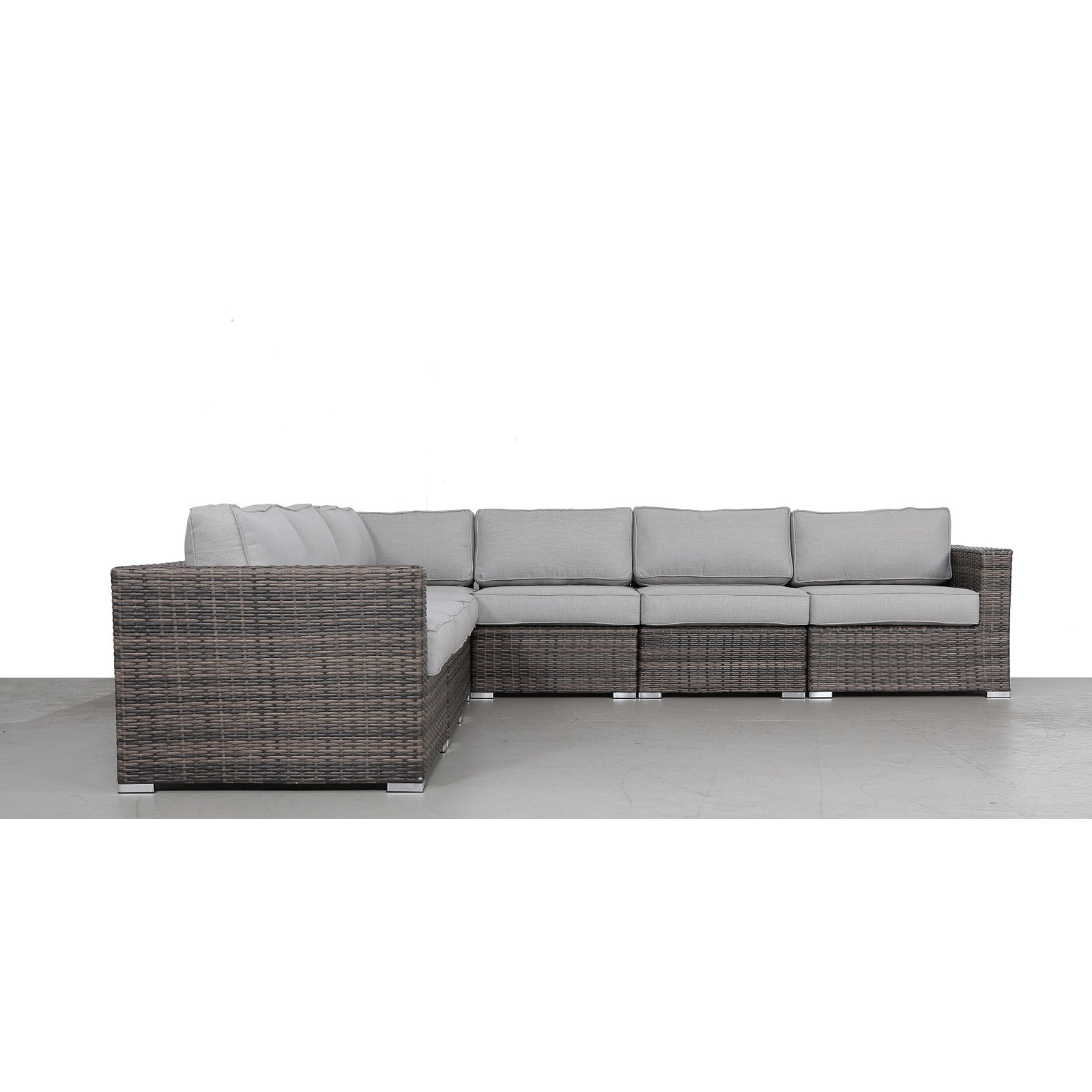 Foxtrot Fully Assembled 122'' Wide Outdoor Wicker Patio Sectional with Cushions, Olefin Gray Cushion/Brown Frame