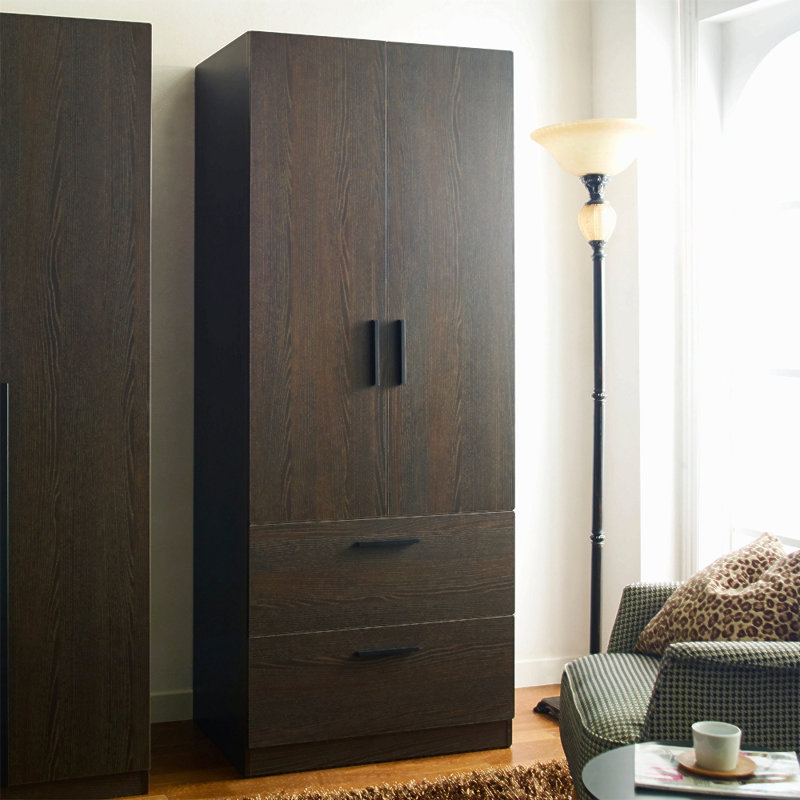 Armoire en bois à deux portes Brook avec deux tiroirs et barres de suspension