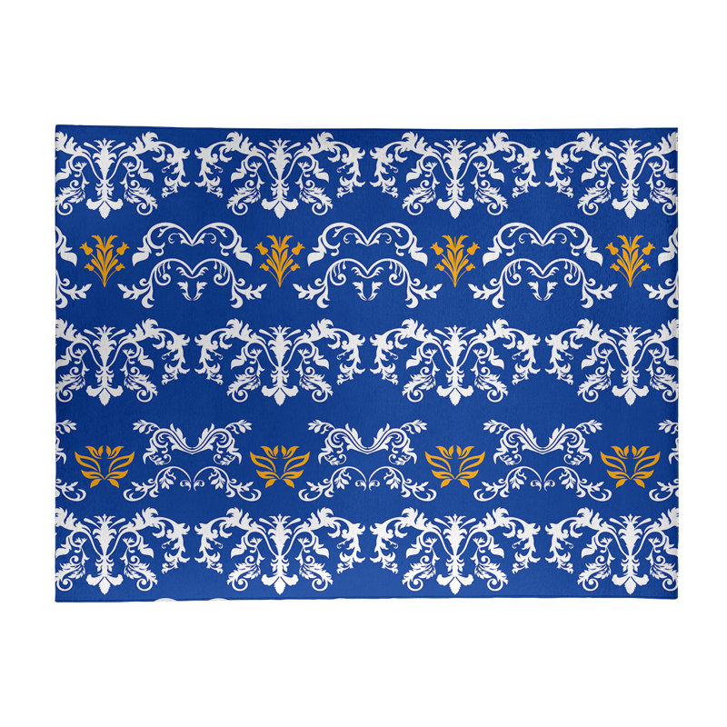 Tapis damassé bleu / blanc, Rectangle 5 pi x 7 pi