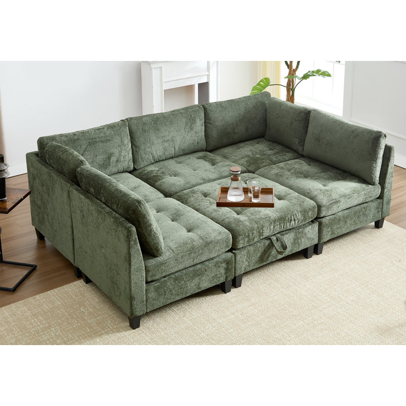 Chenille Sleeper Sectional Corner Couch Modular Sofa Bed With Storage Chaise, Green Chenille, 33.5'' H x 190'' W x 32.3'' D